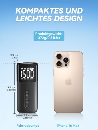 HT10 Elektrische Fahrradpumpe – 150PSI Mini Luftpumpe mit Digitalanzeige, ideal für Rennrad & E-Bikes