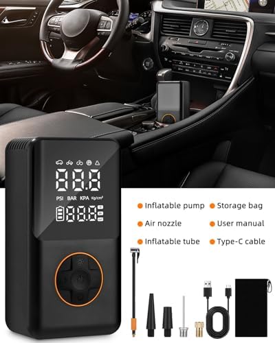 Tragbare Elektrische Luftpumpe 150PSI, Mini Reifenkompressor mit 4000mAh Akku & LED-Licht für Fahrräder, Motorräder und