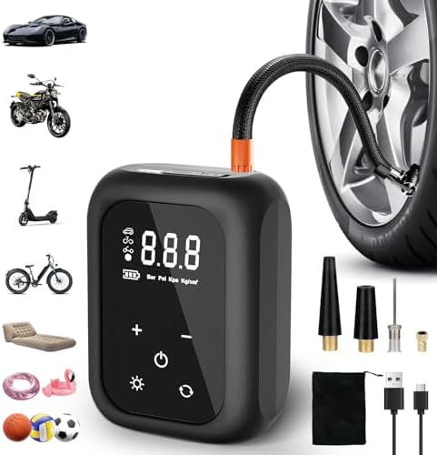 Kabellose elektrische Fahrradpumpe von – tragbare Akku Luftpumpe mit Autostop, LED-Licht für Fahrrad, E-Bike und Auto!