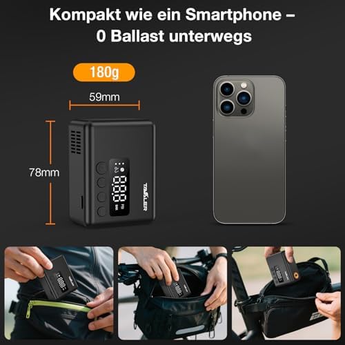 Tavaler Mini Fahrradpumpe Elektrisch | Akkubetriebene Pumpe mit Manometer für Rennrad, E-Bike & Mountainbike - Hochdruck