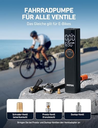 AstroAI Elektrische Fahrradpumpe 150PSI – Tragbare Akku-Luftpumpe für Stadt- und Mountainbikes, leistungsstark und viels