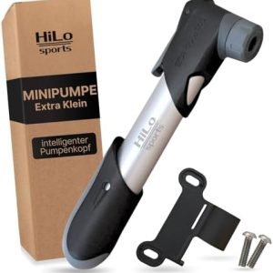 HiLo Mini Fahrradpumpe für alle Ventile - Intelligenter Pumpenkopf & 6 Bar Druck - Kompakte Luftpumpe für unterwegs mit