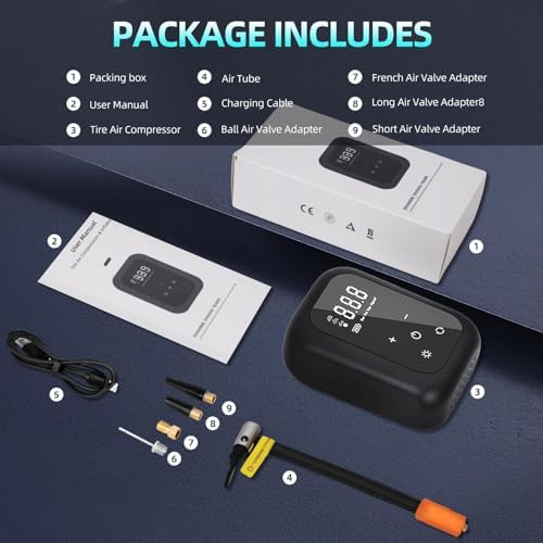 Kabellose elektrische Fahrradpumpe von – tragbare Akku Luftpumpe mit Autostop, LED-Licht für Fahrrad, E-Bike und Auto!