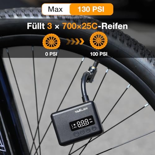 Tavaler Mini Fahrradpumpe Elektrisch | Akkubetriebene Pumpe mit Manometer für Rennrad, E-Bike & Mountainbike - Hochdruck