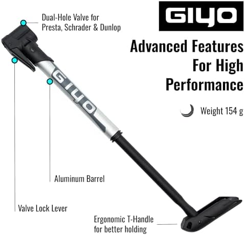 GIYO GP-44DH Mini-Fahrradpumpe für Tubeless-Reifen, ergonomischer Griff, Anti-Clog-Design, ideal für unterwegs