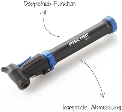 FISCHER Minipumpe Doppelhub Reversibel für schnelle Fahrradreifenfüllung, Schwarz