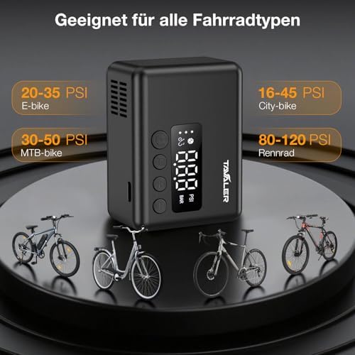 Tavaler Mini Fahrradpumpe Elektrisch | Akkubetriebene Pumpe mit Manometer für Rennrad, E-Bike & Mountainbike - Hochdruck