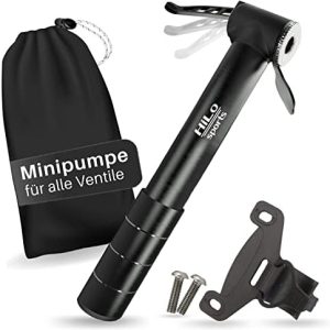 HiLo Aluminium Fahrradpumpe klein - Universell für alle Ventile - 6 Bar Mini Luftpumpe mit Rahmenhalterung für unterwegs