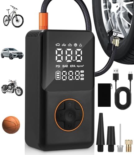 Tragbare Elektrische Luftpumpe 150PSI, Mini Reifenkompressor mit 4000mAh Akku & LED-Licht für Fahrräder, Motorräder und