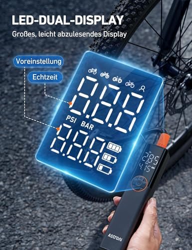 AstroAI Elektrische Fahrradpumpe 150PSI – Tragbare Akku-Luftpumpe für Stadt- und Mountainbikes, leistungsstark und viels
