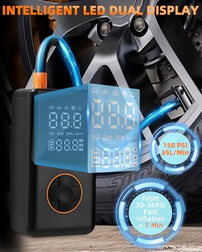 Tragbare Elektrische Luftpumpe 150PSI, Mini Reifenkompressor mit 4000mAh Akku & LED-Licht für Fahrräder, Motorräder und