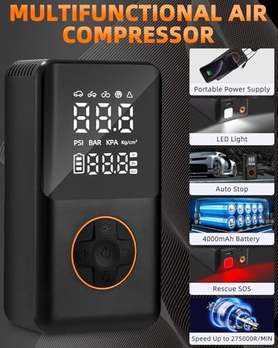 Tragbare Elektrische Luftpumpe 150PSI, Mini Reifenkompressor mit 4000mAh Akku & LED-Licht für Fahrräder, Motorräder und
