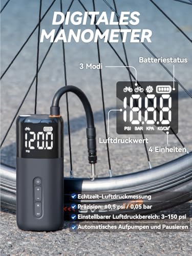 HT10 Elektrische Fahrradpumpe – 150PSI Mini Luftpumpe mit Digitalanzeige, ideal für Rennrad & E-Bikes