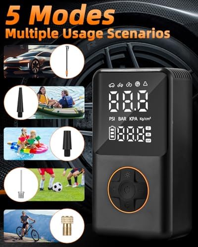 Tragbare Elektrische Luftpumpe 150PSI, Mini Reifenkompressor mit 4000mAh Akku & LED-Licht für Fahrräder, Motorräder und