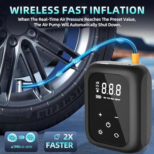 Kabellose elektrische Fahrradpumpe von – tragbare Akku Luftpumpe mit Autostop, LED-Licht für Fahrrad, E-Bike und Auto!