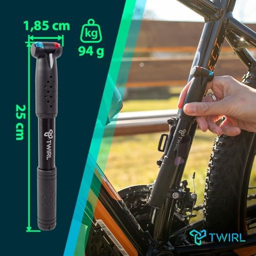 TWIRL Mini Fahrradpumpe mit ausziehbarem Schlauch – Kompakte Luftpumpe für alle Ventile unterwegs
