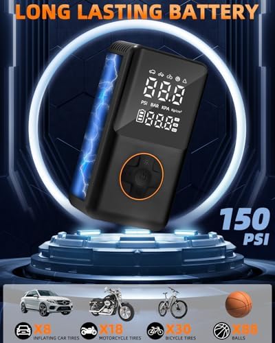 Tragbare Elektrische Luftpumpe 150PSI, Mini Reifenkompressor mit 4000mAh Akku & LED-Licht für Fahrräder, Motorräder und