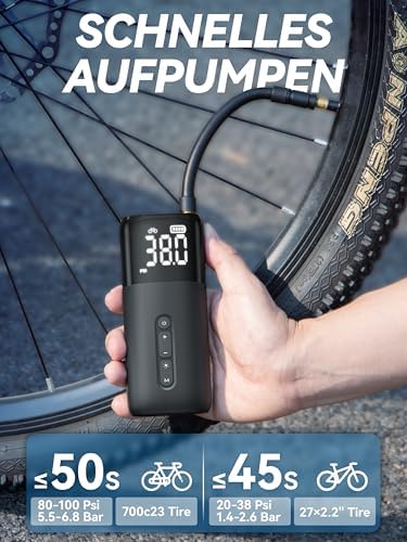 HT10 Elektrische Fahrradpumpe – 150PSI Mini Luftpumpe mit Digitalanzeige, ideal für Rennrad & E-Bikes