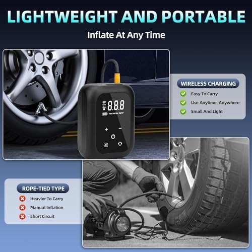 Kabellose elektrische Fahrradpumpe von – tragbare Akku Luftpumpe mit Autostop, LED-Licht für Fahrrad, E-Bike und Auto!